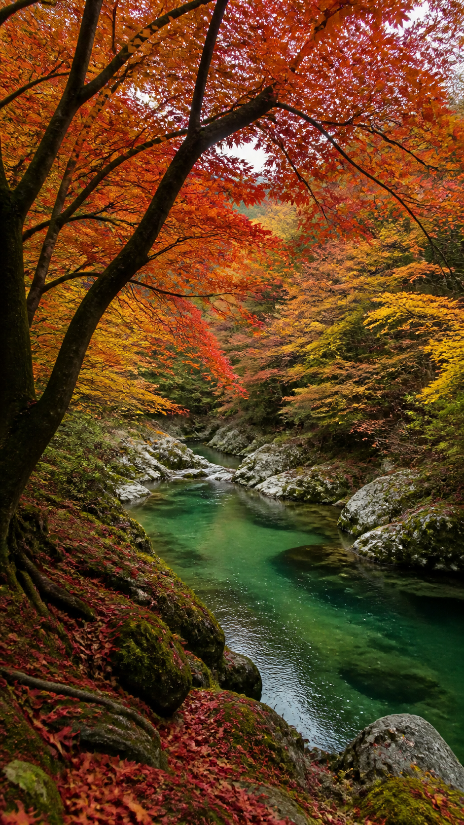Maple Emerald Stream Nature phone wallpaper in high resolution