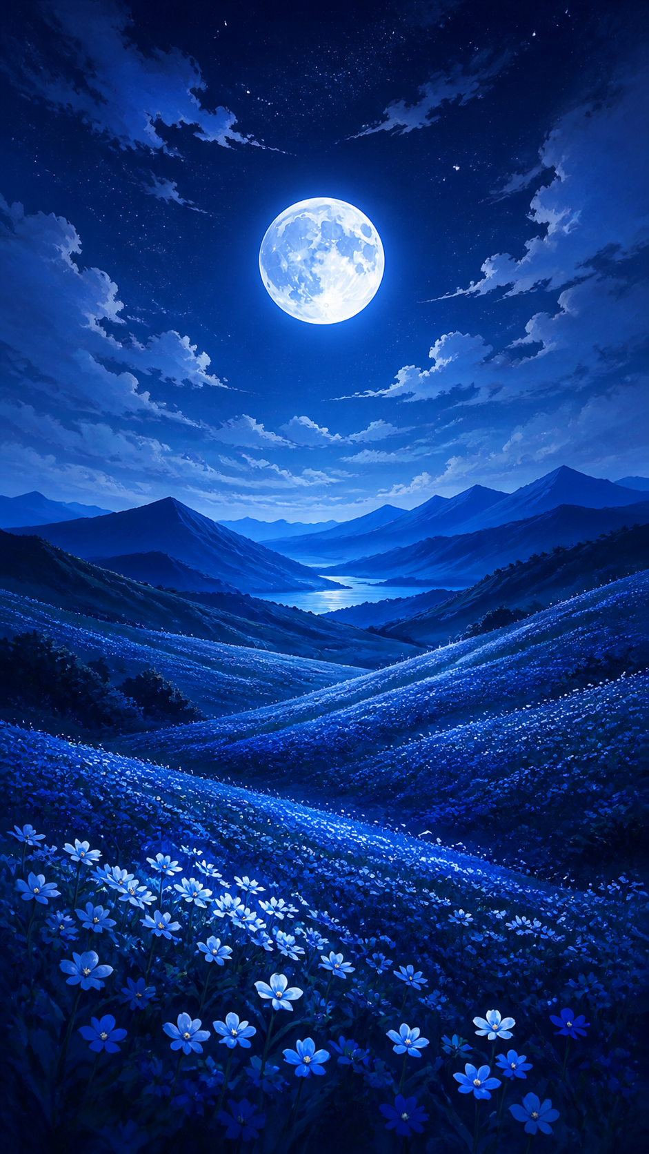 Moonlit Blue Meadow Anime phone wallpaper in high resolution