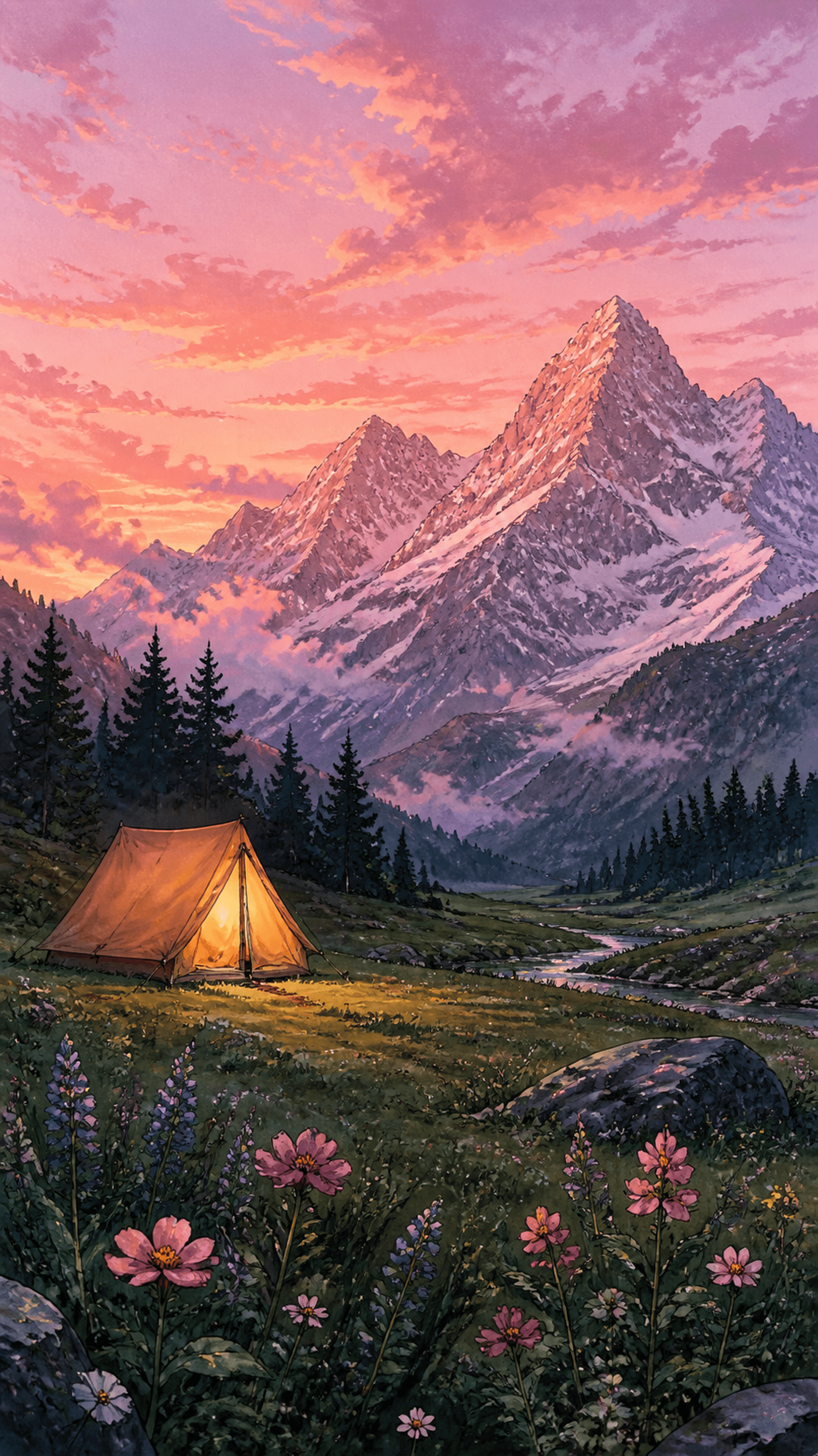 Rosewood Alpine Camp Illustration phone wallpaper in high resolution