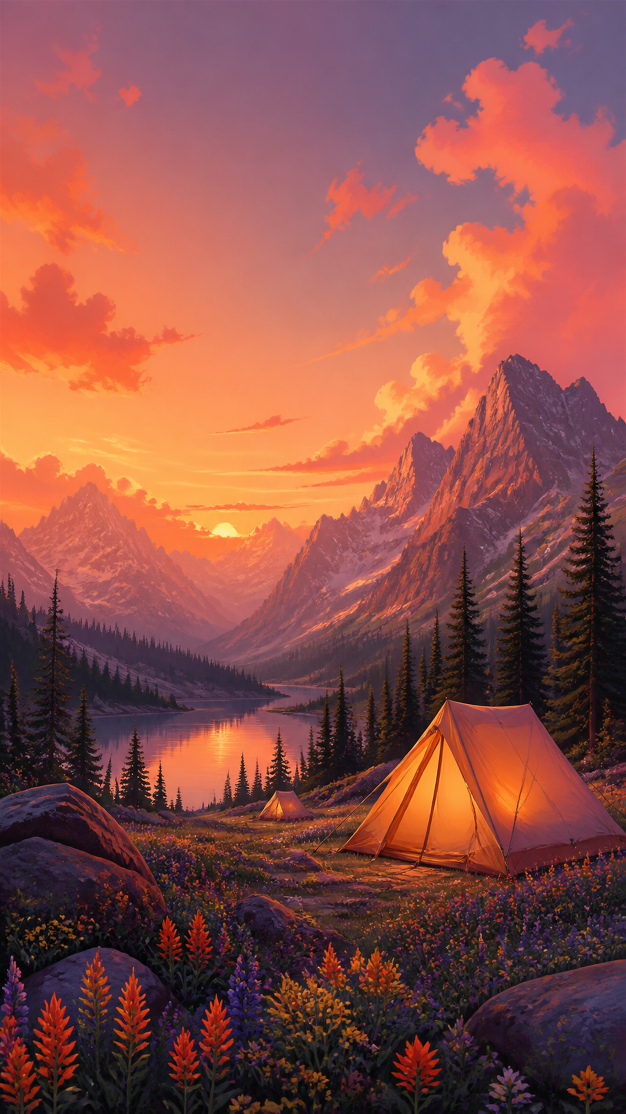 Alpine Ember Camp Illustration phone wallpaper in high resolution